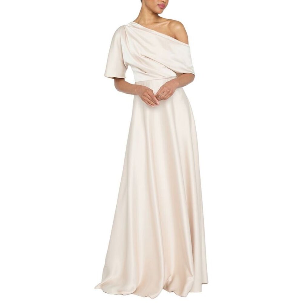 Theia Womens Alessandra Asymmetrical Gown, Tan